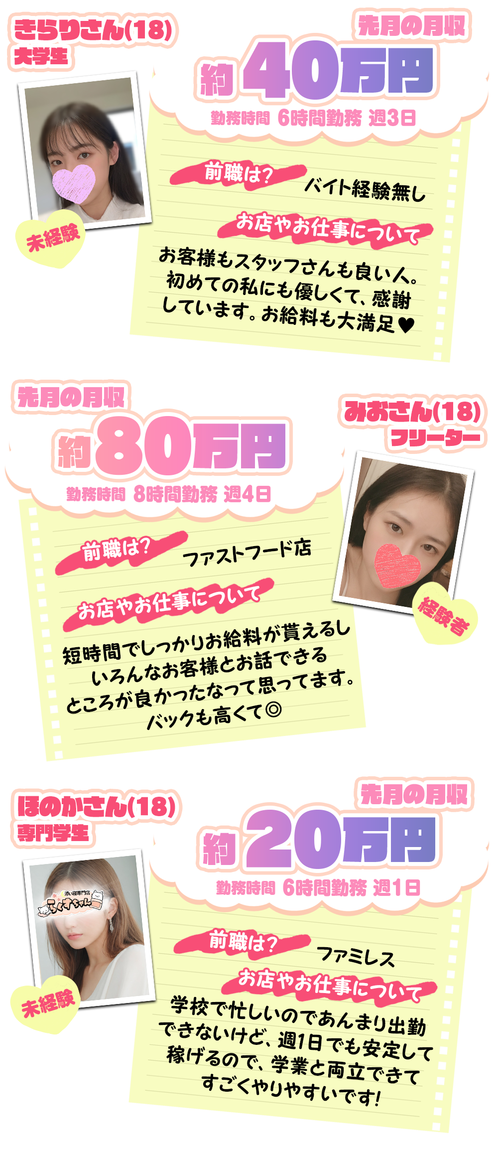 きらりさん(18)未経験大学生先月の月収約40万円勤務時間6時間勤務週3日前職は？バイト経験無しお店やお仕事についてお客様もスタッフさんも良い人。初めての私にも優しくて、感謝しています。お給料も大満足みおさん(18)経験者先月の月収約80万円勤務時間8時間勤務週4日前職は？ファーストフード店お店やお仕事について短時間でしっかりお給料が貰えるしいろんなお客様とお話できるところが良かったなって思ってます。バックも高くて◎ほのかさん(18)専門学生未経験先月の月収約20万円勤務時間6時間勤務週1日前職は？ファミレスお店やお仕事について学校で忙しいのであんまり出勤できないけど、週1日でも安定して稼げるので、学業と両立できてすごくやりやすいです！